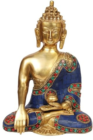 Amilav Collections Estatua grande de Buda de 9.5 pulgadas | Figura de ídolo del budismo sentado hecho a mano con la tierra de latón