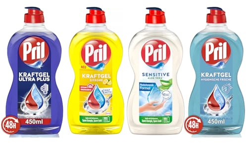 PRIL-Set Kraftgel 1x Ultra Plus & 1x Zitrone & 1x Hygienische Frische & 1x Sensitive Aloe Vera, Handgeschirrspülmittel-Set mit höchster Fettlösekraft, für sauberes Geschirr, 4x 450ml