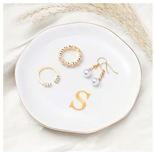 ProCase Svuotatasche Design Moderno in Ceramica, Vassoio Portagioie con Iniziali in Oro per Orecchini, Collane, Anelli -Bianco S