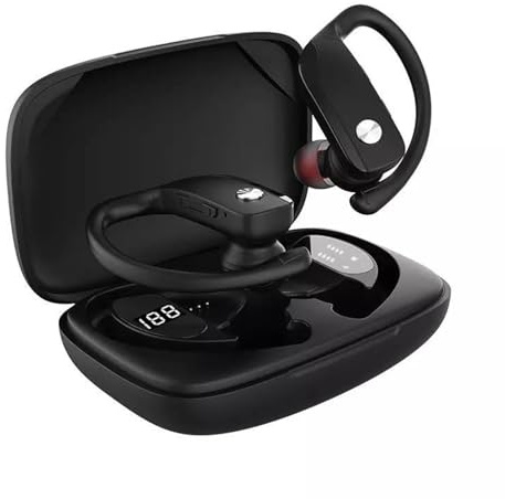 Cuffie sportive senza fili Bluetooth auricolari LED Power Display custodia di ricarica auricolari con gancio per le orecchie, cuffie per allenamento guida, camminare, telefono, computer portatile,