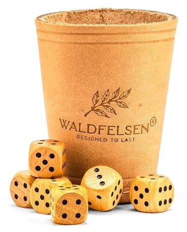 Waldfelsen® Echtleder Würfelbecher (9 cm) mit 6 Holzwürfeln (16 mm) aus Buchenholz Lederbecher Würfelset Augenwürfel Spielwürfel (Farbe: Beige)