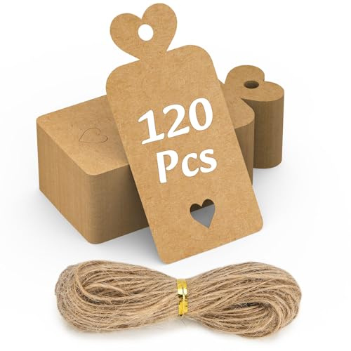 120PCS Presentetiketter 5x10CM Kraftpapper Tomma Etiketter med Snöre & 30M Naturlig Jute DIY för Bröllopspresenter, Gåvor, Bruna Etiketter, Prisetiketter, Etiketter med Snöre-Hjärta