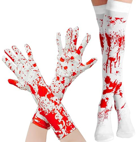KQOZG Set Halloween Guanti Insanguinati + Calze Overknee con Stampa di Sangue, Morbide Macchie di Sangue, Terrore per Cosplay (Overknee) (Tema Sanguinante/Rosso)