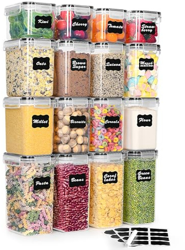 16 Pack Airtight Food Storage Containers Set with Lids,BPA-Free Stackable Kitchen Organizer for Cereal,Flour,Sugar,Rice,Pasta & Dry Food–4×2.8L,4×2L, 4×1.4L,4×0.8L with Spoons,Labels & Marker(28.8L)