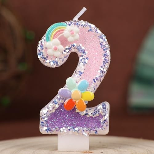 Kerze 2 Jahr Mädchen & Junge, Tortendeko Kinder, Kuchendeko Geburtstag, Dekorative Zahlenkerze mit Blume und Regenbogen, Tortendekoration für Geburtstag