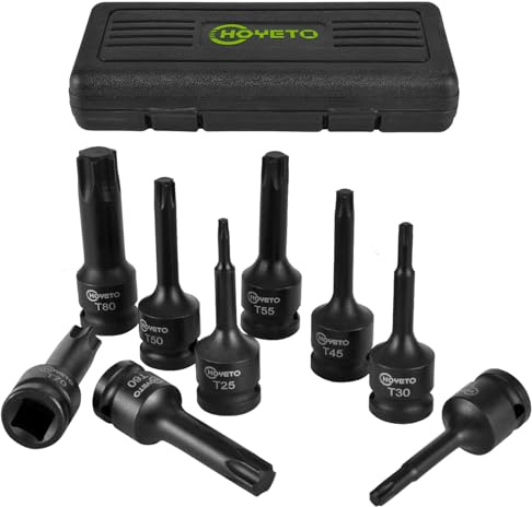 HOYETO 1/2 Drive Impact Torx Bit Socket Set T25-T80, Cr-Mo, for Car Repair | 9 Pieces Star Bit Set, Black Oxide Finish, Heat-Treated for Impact Use, Non-Slip Fit, for Garage, Truck, Motorcycle & DIY