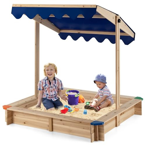 Maxmass Wooden Kids Sandbox, 120x120cm Children Sandpit with Adjustable Canopy, Bench Seats, Protective Corners, Outdoor Sand Box Square Sand Pit for Garden Backyard
