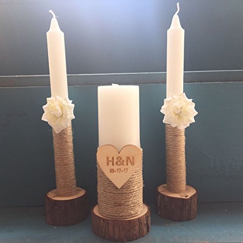 mylifemylove Juego de portavelas de boda con flores blancas, velas personalizadas Unity, portavelas de madera rústica para 3 velas cónicas y 1 pilar