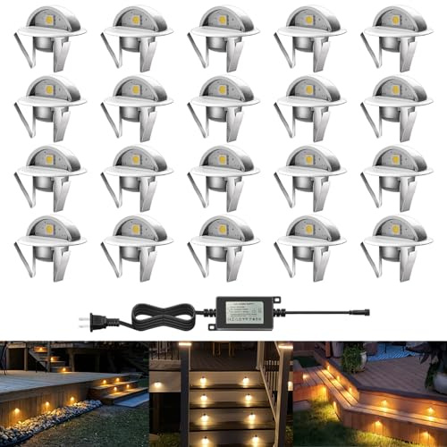 CHNXU LED Outdoor Deck Lights Kits, Φ1.38in Warm White 20 Pack Silver, Low Voltage 12 Volt DC IP65 Waterproof, Electric Wired Recessed Stair Step Riser Mini Under Landscape Lighting for Yard Floor