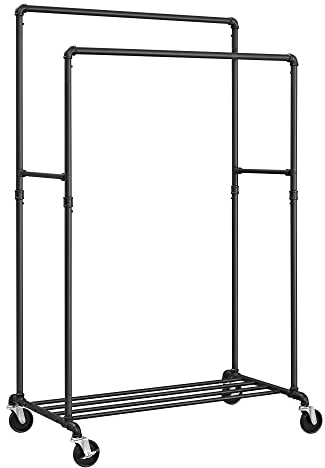 SONGMICS Perchero Burro de Doble Barra, Marco Metálico, 59 x 100 x 162 cm, Burro de Ropa con Estante de Almacenamiento y Ruedas, 2 Ruedas con Freno, Carga de 110 kg, Negro HSR60B