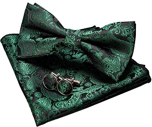 JEMYGINS Noeud Papillon Homme Motif Paisley avec Pochette et Boutons de Manchette pour Mariage Business et Ceremonie Vert Fonce 2