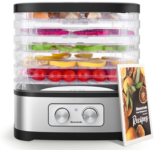 Seeutek Food Dehydrator Machine for Beef Jerky, Fruits, Vegetables Electric Dryer Machine with 5 BPA-free Trays, Adjustable Temperature Control, Recipe Book & 4PCS Reusable Storage Bags