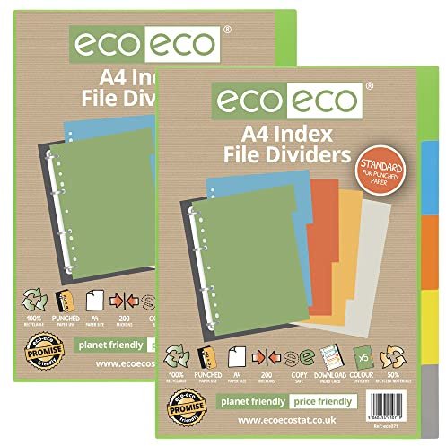 eco-eco A4 50% Recycled Multipunched Reinforced Colour Set 5 Subject Index File Dividers 200mic (Pack of 2)