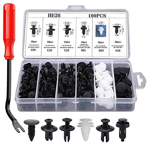 LCOUACEO Rivetti in Plastica per Auto,100 Pezzi Clip in Nylon Nero Automatico Universale Rivetto in Plastica Clip di Rivestimento per Carrozzeria Assortimento con Strumenti di Rimozione del Fissaggio