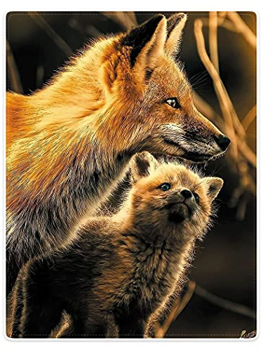 Zomer Decke Flauschig Kuscheldecke Bedruckt mit Fox Eltern-Kind,Braun,125x150 cm