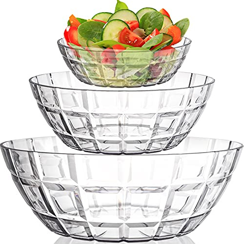 Okllen Set mit 3 Servierschalen aus Kunststoff, Durchsichtige Rührschüsseln Kristall Kunststoffschalen für Salat, Partysnack, Popcorn, Chips und Dip, Bruchfest, 400 ml, 1500 ml, 3400 ml