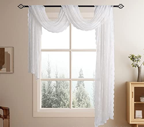 Devola Querbehang Gardine Gardinenschals mit Spitze Blumenmuster Transparent Freihanddeko Gardinen Dekoschals Vorhänge für Schlafzimmer Wohnzimmer Hochzeit BxL 145x200cm Weiß 1 Stück