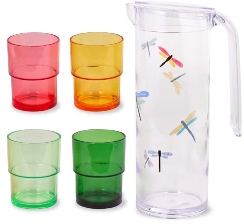 Kate Spade New York Nesting Pitcher Set with Water Pitcher and 4 Reusable Cups, 57oz Plastic Pitcher with Lid, 8oz Tumbler Cups, Dragonfly Flight