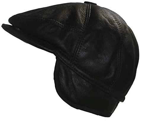 CUCUBA Coppola Cappello da Uomo in Pelle di Montone Shearling - Berretto con Visiera e Paraorecchie - Nero (L) 58
