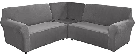 TIUTIU L-Form Sofahusse 5/7-Sitzer Eckcouch Cover, Elastischer Ecksofabezug Mit Anti-rutsch Schaumstoffankern, 3-teilige Dicker Plüsch Samt Schonbezug (Grey,7-Sitzer)