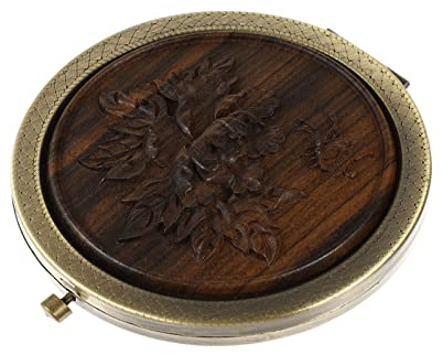 FOMIYES Kompakter Taschenspiegel Mini-Vintage-Schminkspiegel Faltbar Holzschnitzmuster Kleiner Doppelseitiger Schminkspiegel Für Reisen Schule Pfingstrose