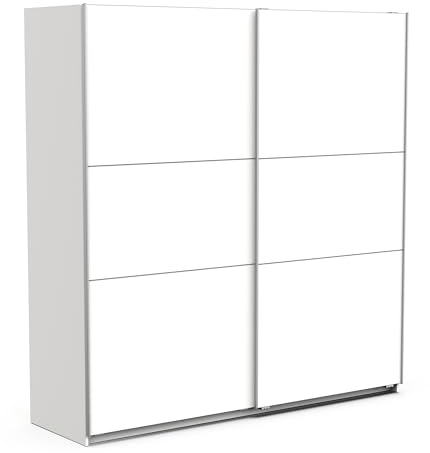 Demeyere Schiebetürschrank mit modernem Kleiderschrank – Farbe Weiß matt und Metall-Finish – 194,5 x 59,9 x 203 cm, Holzwerkstoff, grau