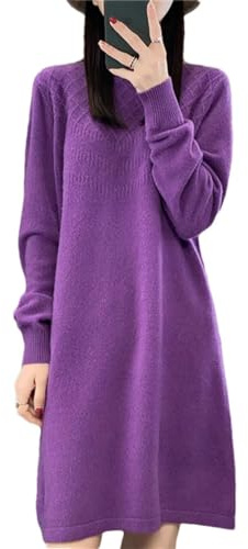 Robe en tricot cachemire épais à col mi-haut pour femme 100 % laine jupe pull droite avec jupe longue, violet, XXL