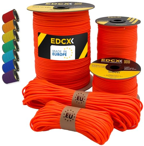 EdcX Paracord 550 Typ III 4 mm – 7 Kern-Strängen, 100% Nylon, reißfest bis 250 kg – 35+ Farben (10/15/30/50/100/300 m) – Survival-Seil, Fallschirmschnur, Zeltleine | Made in EU
