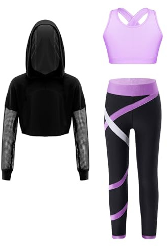 FEESHOW Kinder Trainingsanzug Mädchen Sport BH Und Leggings Set Mit Hoodie Kinder Workout Sport Outfit Jazz Dance Tanzkleidung Hip Hop Kleidung