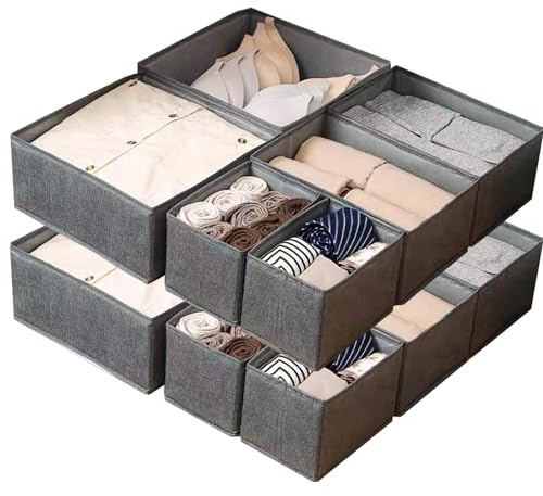 Kongming 12 Stücke Schubladen Organizer Kleidung, Waschbare Organizer Schublade Ordnungssystem, Faltbare Aufbewahrungsbox Stoff Organizer Kleiderschrank für Bhs, Socken, Unterwäsche(Grau)