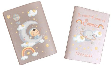 Protège carnet de santé personnalisé, idée cadeau personnalisable bébé, cadeau naissance original, Housse carnet de santé Bébé Lune - CL0003c (Nacré Rose)