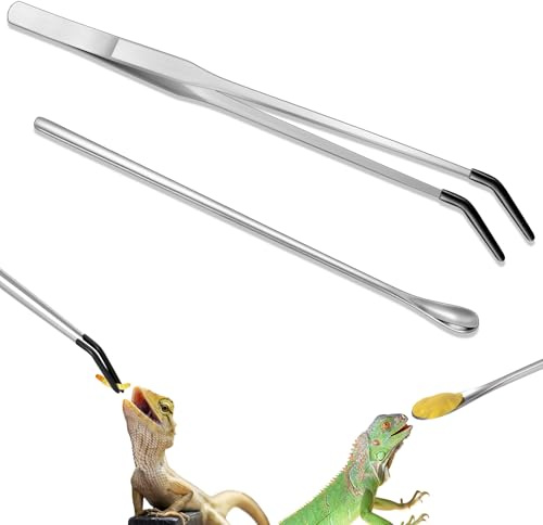 Lasnten 2 Pcs Stainless Steel Reptile Feeding Tong, Feeding Spoon for Bearded Dragon Snake, 10.5'' Aquarium Curved Tweezer with Rubber Tip, Terrarium Feeder Tool for Crested Gecko Tank Accessories