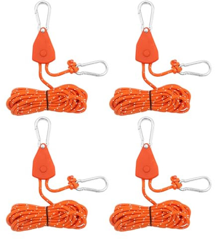 Ksvaye 4STK 4M Verstellbarer Seilratsche mit Haken, 1/6 Zoll Heavy Duty Ratchet Hangers Nylon Rope Reflektierend Ratchet Seilaufhänger Abspannseile mit 8 Karabiner für Camping Zelt/Tragkraft 80 kg