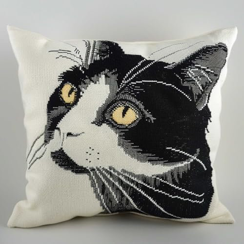DIY knüpfen set erwachsene Schwarz-weiße Katze knüpfkissen set Katze Tier DIY Wurfkissenbezug，Sofakissenbezug mit bedruckter Leinwand für Anfänger und Erwachsene mit vorgedrucktem Muster 43x43cm