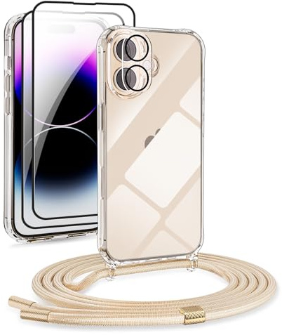 DiDaDi [5 in 1 Set Hochwertige Handykette Hülle mit Band Für iPhone 16, Handytasche mit Umhängeband, Necklace Transparent Handyhülle Case mit Schnur Abnehmbar, Schutzhülle zum Umhängen Kordel (Gold)