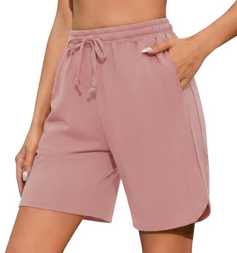 Demegimi Sportbyxor dam sommar enfärgad bomull joggingbyxor shorts med hög midja för kvinnor för gym sport löpning jogging, Rosa, XXL