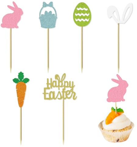 WchoeSS 12Pcs Easter Cake Toppers, Easter Egg Cake Topper, Happy Easter Cake Topper, Happy Easter Cake Decoration, Easter Bunny Egg Carrot Theme Toppers for Easter Party Cupcake Toppers Decoration