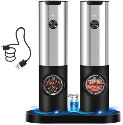 Set di macina sale e pepe elettrico ricaricabile, stazione di ricarica USB, pepe e macinasale automatico, ricaricabile, utilizzabile con una sola mano, rugosità regolabile, luce LED