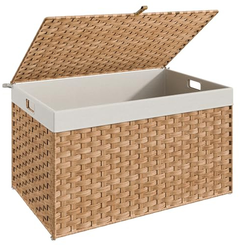 HOOBRO Storage Basket with Lid, 42.3 Gallon (160L) Wicker Basket, Handwoven Blanket Storage Basket with Handles, Metal Frame and Soft Lining, Foldable for Bedroom, Laundry Room, Natural NL216CW01