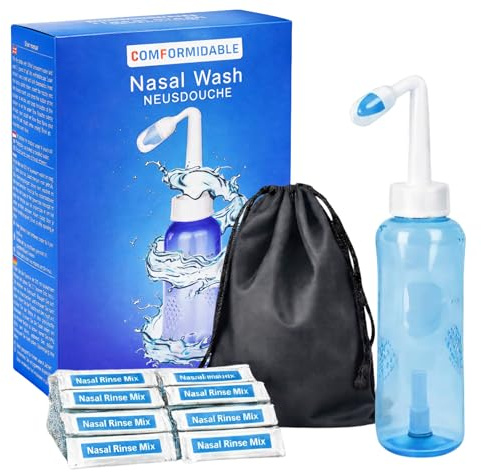 Comformidable Nasendusche 300 ml mit 90 Beuteln Nasenspülsalz | Nasenspülkanne für Erwachsene bei Erkältung, Allergie und verstopfter Nase, sanfte Reinigung der Nebenhöhlen