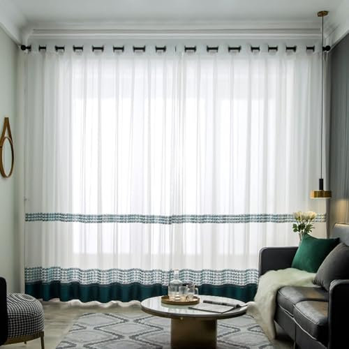 Gardine Querbehang Oben Gardinen 2er Set Weiß Blau Voile Spleißen Von Sheer H229 x B137 cm (2er Pack) Polyester