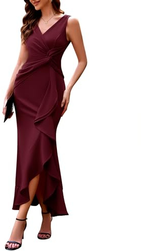 Berylove Wedding Guest Dresses for Women Long Formal Party Dress Evening Wrap Ruched Midi Cocktail Bridesmaid Date Night Gowns 7099 Burgundy L