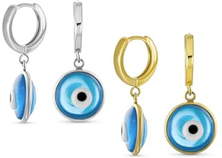 Set aus zwei spirituellen Schutz runden blauen Nazar Evil Eye Drop Huggie Mini Hoop Ohrringen Endlos für Frauen Teen Murano Glas Silber Gelb Gold plattiert .925 Sterlingsilber