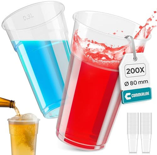 Commerline Plastikbecher 0,3 Liter, 1000 Stück, Trinkbecher, Einwegbecher | Aus transparentem Polypropylen (PP), robust, lebensmittelecht, ideal als Partybecher, Wasserbecher, Ausschankbecher, 300 ml