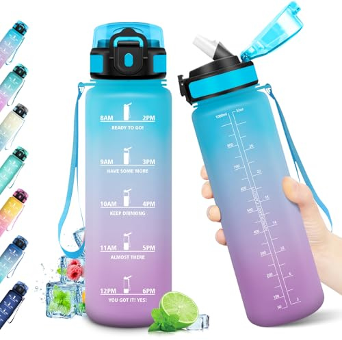 KollyKolla Gourde Motivation 1000ml, Bouteille avec Paille et Marqueur de Temps, Bouteille d'eau Étanche, Réutilisable, Gourde sans BPA, Gourde Sport pour Enfant, Fitness, Yoga, Bureau, Randonnée