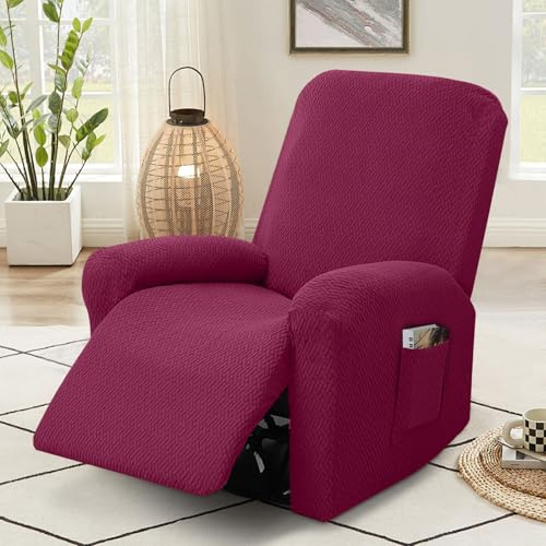 MeYuxg 4-Teilig Sesselbezug rutschfest,Sesselschoner für Relaxsessel mit Taschen,Sesselbezug Stretchhusse,All Inclusive Sesselüberwurf für Fernsehsessel Relaxsessel Sesselhusse(Weinrot)