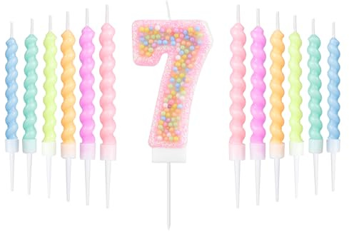 mciskin Macaron 7th Birthday Candle Set, Girls 7th Birthday Decorations,12pcs Pastel Spiral & Number 7 Candles for Cake,Rainbow Cake Topper for Macaron Themed Party Decoration,Baby Showers Supplies