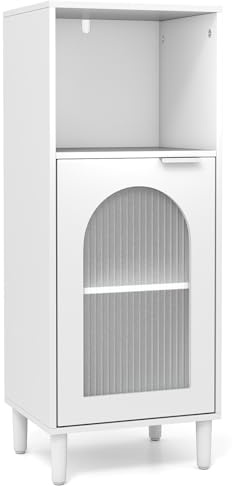 COSTWAY Bathroom Floor Cabinet, Freestanding Storage Cupboard with Tempered Glass Door & Adjustable Shelf, Solid Wood Legs Slim Bathroom Unit Cabinet for Living Room Hallway, 35x30x90cm (White)