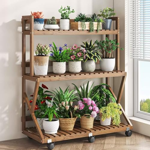 Pflanzenständer aus Holz mit 3 Etagen auf Rädern Leiterregal für Haus & Garten braun Lattenregale 100cm - Ideal für Pflanzen und dekorative Displays