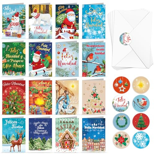 DPKOW 16 Feliz Navidad Tarjetas con Sobres Pegatinas, Español Navidad Tarjetas de Felicitación Navideñas Felicitaciones, 16 Estilo Acuarela Original